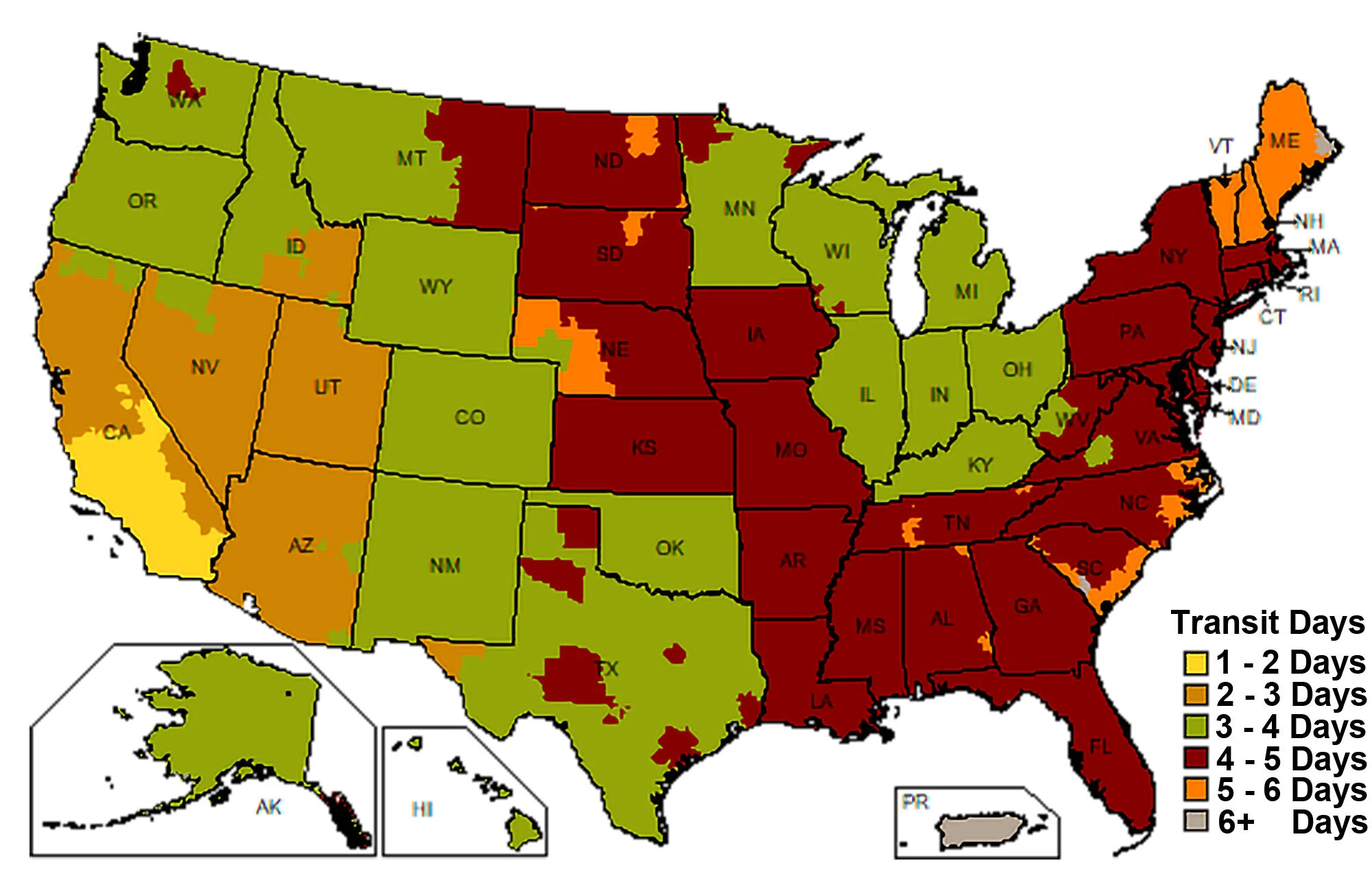 Map of UPS transit days from the California warehouse