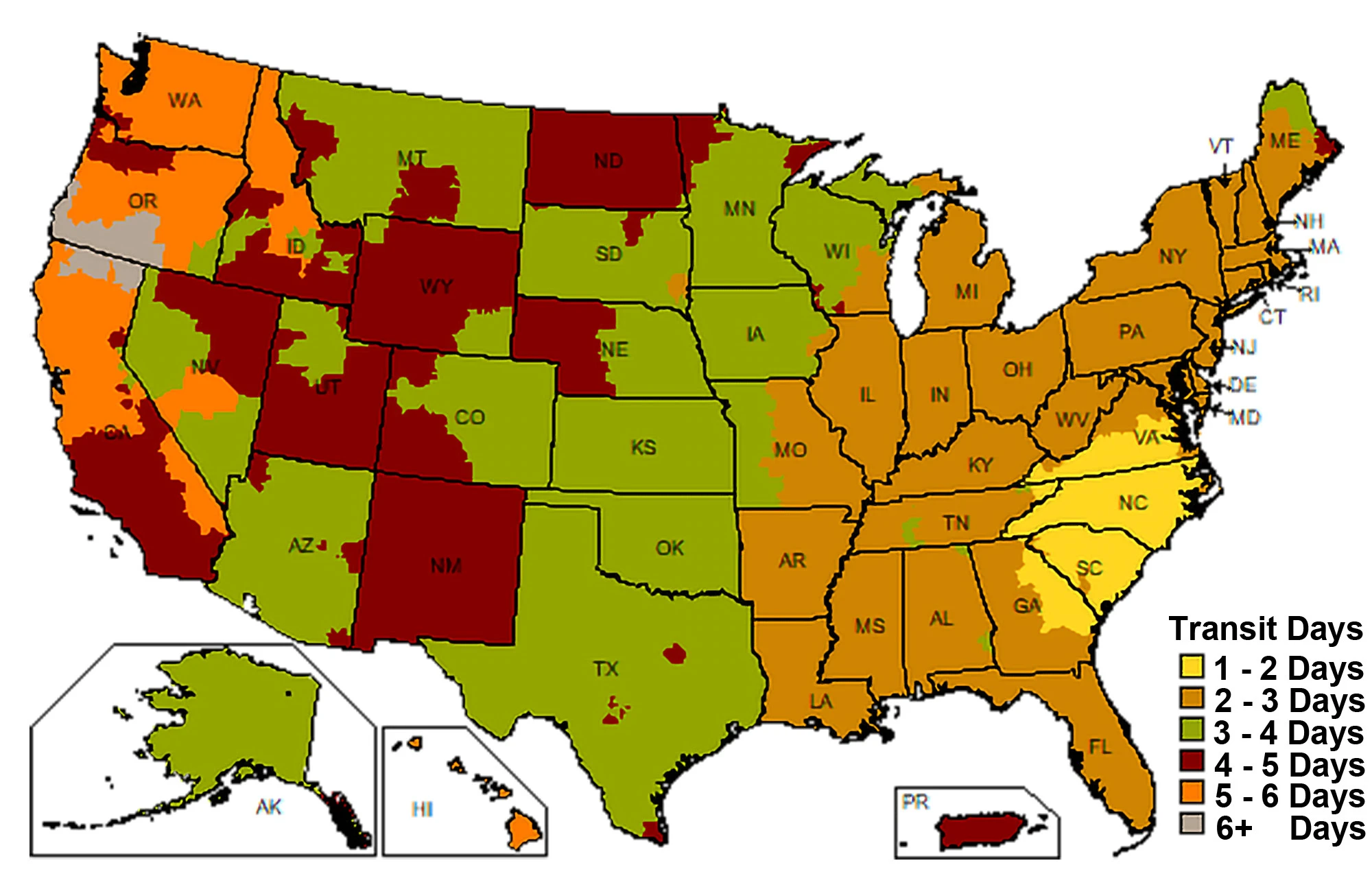 Map of UPS transit days from the North Carolina warehouse